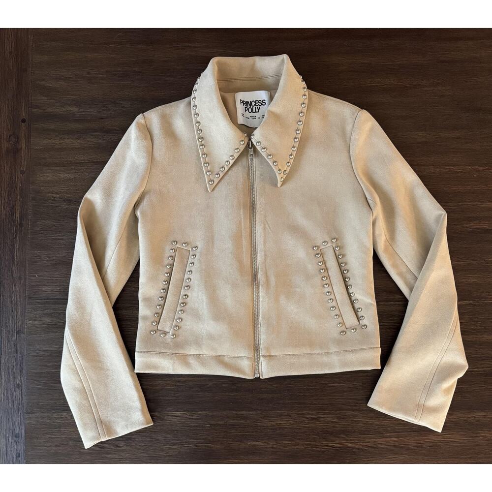 Princess Polly Faux Suede Jacket Womens XS 0 Beige Studded Western Cowgirl - Picture 2 of 9